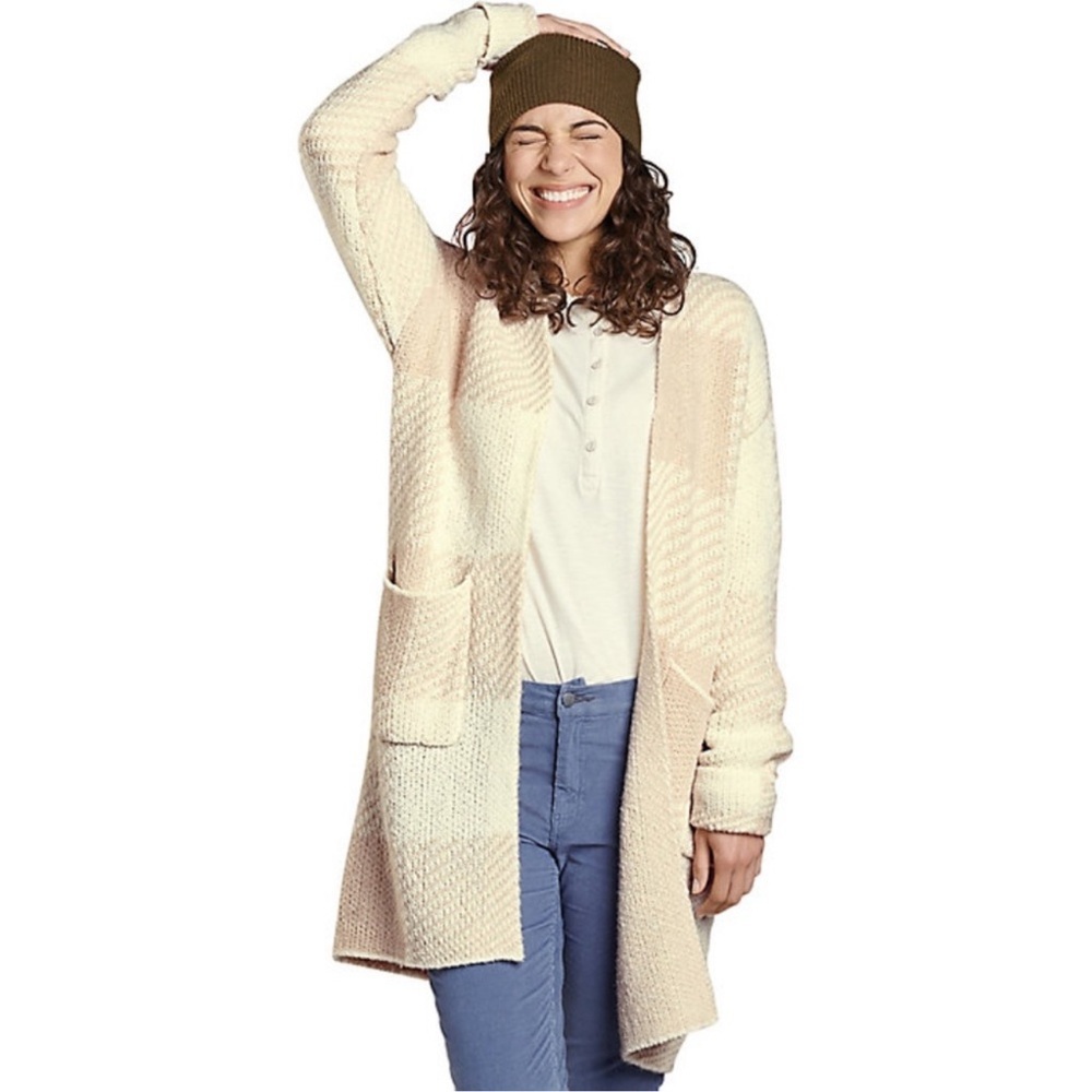 Toad&Co Cabin Fever Cardigan Oatmeal Buffalo Check Wool Pocket Gorpcore longline